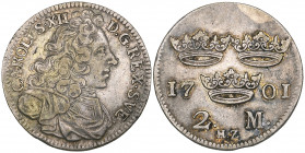 *Sweden, Karl XII (1697-1718), 2 mark, 1701 (Ahlstrom 62), very fine and scarce

Estimate: GBP 180 - 220