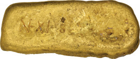 *Spanish Colonial, a cast gold bar, circa 1750, with impressed letter S with chevron mark and engraved number ‘N-XI-’, length 84 mm, 601.05g, .949 fin...