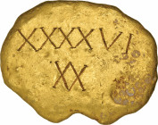 *Spanish Colonial, a cast gold ingot, circa 1750, with engraved ‘ΛV’ (?) monogram and Roman number ‘XXXXVI’, width 103.5mm, 1126.09g, .921 fine, good ...