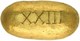 *Spanish Colonial, a carefully-cast gold bar, circa 1750, with similar engraved ‘ΛV’ (?) monogram on its flat top and Roman number ‘XXIII’ on the roun...