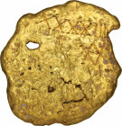 *Spanish Colonial, a very roughly-cast gold ingot, circa 1750, also with engraved ‘ΛV’ (?) monogram beneath the Roman number ‘XXXXIII’, 106 x 101mm, ....