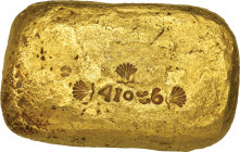 *Spanish Colonial, a carefully-cast gold ingot, circa 1750, with impressed numeral 410:6 (representing the weight) and with three impressed shell orna...