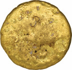 *Spanish Colonial, a large cast gold disc, circa 1750, with deep, rounded base and engraved letter ‘P’ on the flat top, diameter 87mm approx., 1340.88...