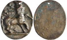 *Italy, After the Antique (third quarter of 15th century), A Centaur, bronze oval plaquette, the centaur draped with lion’s skin and holding a thyrsus...