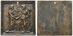 *Italy, Cristoforo di Geremia (active 1456-76), An Emperor and Concord, bronze plaquette, the emperor standing right, holding a winged caduceus and cl...