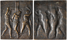 *Italy, Venetian (16th century), The Flagellation of Christ, large bronze plaquette, Christ bound to a pillar, scourged by his tormentors, 162 x 136mm...