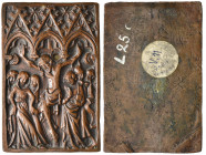*France, The Crucifixion, bronze plaquette after a French ivory relief of the late 14th century, Christ crucified, flanked by the Holy Women and St Jo...