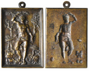 *Netherlandish or Spanish, (c. 1600), St. Sebastian, bronze rectangular plaquette, the saint bound to a tree, pierced with arrows, and flanked by his ...