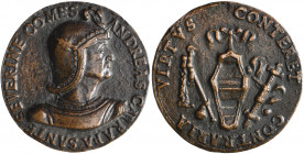 *Italy, Neapolitan School (early 16th century), Andrea Carrafa, Count of San Severino, bronze medal, helmeted bust right, rev., the Carrafa shield fla...