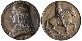 *Italy, Style of Niccolò Fiorentino, Ottavio Sforza di Riario as Lord of Imola and Forlì (1488-1500), bronze medal, bust left, rev., Ottavio on horseb...