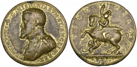 Italy, Gianpaolo Poggini (c.1518-80), Philip II of Spain, bronze medal, 1556, bust left, rev., Bellerophon astride Pegasus spears the Chimaera, 41.5mm...