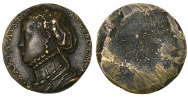 *Netherlands, Maria of Austria (1528-1603), bronze uniface medal by Jongelinck (after Trezzo), bust to left, 35.3mm (cf. Smolderen F6), early cast, ve...