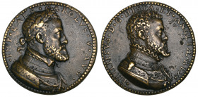 *Netherlands, Charles V and Philip II, bronze medal by Jonghelinck, 1557, bust of Charles V right, rev., bust of Philip II right as King of England, 3...