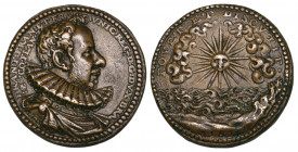 *Netherlands, François de Valois (1555-84), Duke of Brabant, Count of Flanders, bronze medal by Jonghelinck (1582), bust right, rev., sun dispersing c...