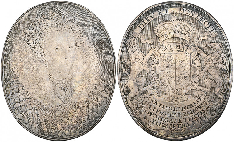 *Elizabeth I, oval silver medal by Simon de Passe, c. 1616, in imitation of engr...