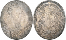 *Elizabeth I, oval silver medal by Simon de Passe, c. 1616, in imitation of engraving, signed Si Pas fe at top of obverse, crowned bust of the Queen t...