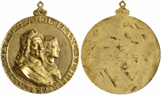 *Charles I, Memorial (1649), uniface gilt-bronze medal after Hans Reinhardt the younger, conjoined busts of Charles I and Henrietta Maria right, his b...