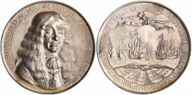 *Charles II, Embarkation at Scheveningen, 1660, hollow silver medal by Peter van Abeele, bust three-quarters right, rev., the fleet under sail with Fa...