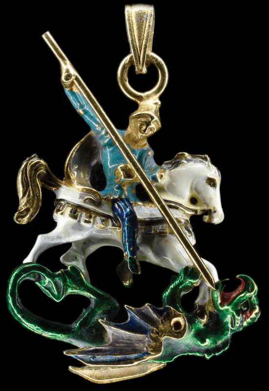 Society of St George, a pendant badge in gold, paint and enamels, portraying the...