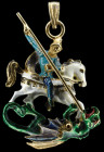 Society of St George, a pendant badge in gold, paint and enamels, portraying the Saint on horseback spearing the Dragon, the design inspired by the Gr...