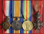 A Great War 1914-15 Trio and Belgian Croix de Guerre Group of 4 awarded to Second Lieutenant Thomas Whittaker, Machine Gun Corps, late 7th Battalion, ...