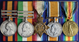 A Boer War and Great War Group of 5 awarded to Private Frank Morley, East Lancashire Regiment, comprising: Queen’s South Africa, 1899-1902, third type...