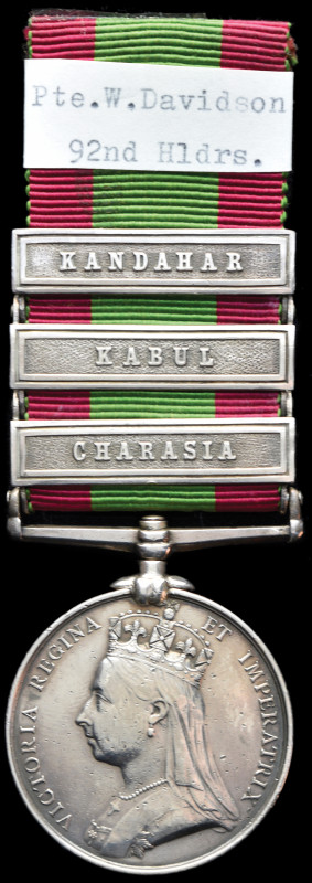 *Afghanistan, 1878-80, 3 clasps, Charasia, Kabul, Kandahar (2126. Pte W. Davidso...