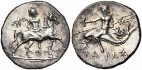 CALABRE, TARENTE, AR demi-sheqel, 212-209 av. J.-C. D/ Un cavalier casqué et cuir., ten. une palme, menant son cheval au pas à d. En dessous, ΣΩKAN-NA...