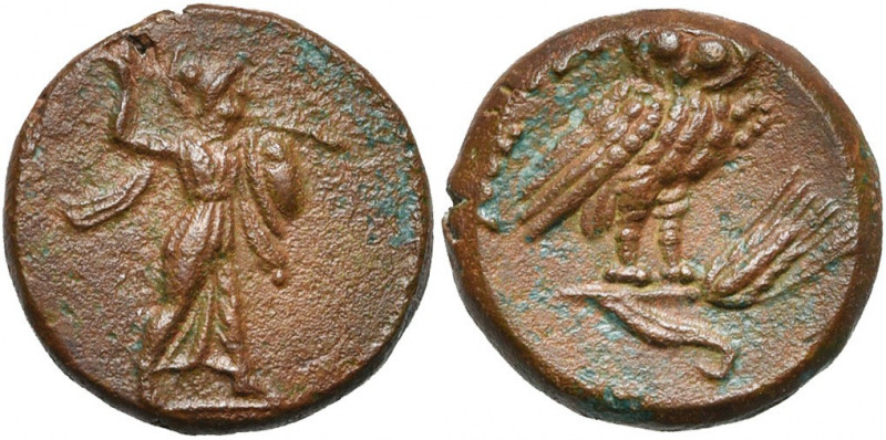LUCANIE, METAPONTE, AE bronze, vers 330 av. J.-C. D/ Athéna Promachos deb. à d.,...
