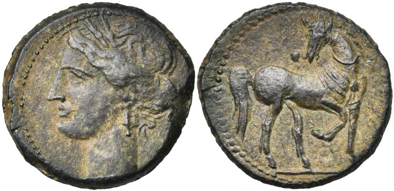 ZEUGITANE, CARTHAGE, AE bronze, 3e-2e s. av. J.-C. D/ T. de Tanit à g., cour. d'...
