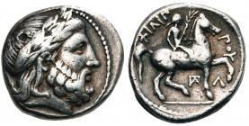 ROYAUME DE MACEDOINE, Philippe II (359-336), AR tétradrachme, 323-316 av. J.-C., Amphipolis. D/ T. l. de Zeus à d. R/ ΦΙΛΙΠ-ΠOY Cavalier au galop à d....
