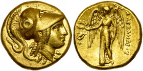 ROYAUME DE MACEDOINE, Alexandre III le Grand (336-323), AV statère, 330-320 av. J.-C., Amphipolis. D/ T. casquée d''Athéna à d. R/ ΑΛΕΞΑΝΔPOY Niké deb...