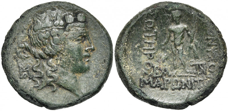 THRACE, MARONEE, AE bronze, 2e-1er s. av. J.-C. D/ T. de Dionysos à d., cour. de...