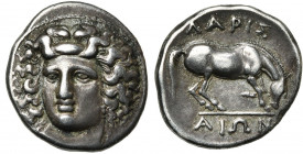 THESSALIE, LARISSA, AR drachme, 350-300 av. J.-C. D/ T. de la nymphe Larissa de f., légèrement tournée vers la g., les cheveux pris dans un bandeau. R...
