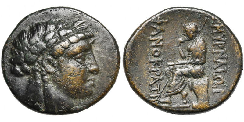 IONIE, SMYRNE, AE bronze, 190-75 av. J.-C. D/ T. l. d''Apollon à d. R/ ΣΜYΡΝΑΙΩΝ...