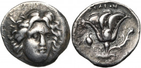 ILES DE CARIE, RHODES, ville de Rhodes, AR didrachme, 304-275 av. J.-C. D/ T. d''Hélios de f., légèrement tournée vers la d. R/ POΔION Rose avec bouto...