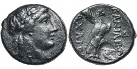 ROYAUME SELEUCIDE, Achaios (220-214), AE double chalque, Sardes. D/ T. l. d''Apollon à d. R/ ΒΑΣΙΛΕΩΣ- AXAIOY Aigle à d., une palme sous l''aile g. A ...