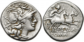 P. Cornelius Sulla, AR denier, 151 av. J.-C., Rome. D/ T. casquée de Roma à d. Derrière, . R/ Victoire conduisant un bige au galop à d. En dessous, P...