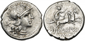A. Spurius ou Spurilius, AR denier, 139 av. J.-C., Rome. D/ T. casquée de Roma à d. Derrière, . R/ Luna conduisant un bige au galop à d. En dessous, ...