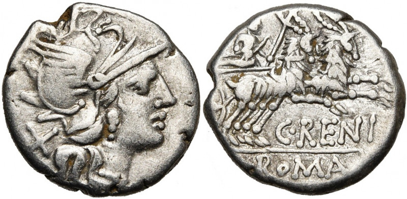 C. Renius, AR denier, 138 av. J.-C., Rome. D/ T. casquée de Roma à d. Derrière, ...