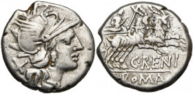 C. Renius, AR denier, 138 av. J.-C., Rome. D/ T. casquée de Roma à d. Derrière, . R/ Junon Caprotina dans un bige de chèvres à d., ten. un sceptre et...