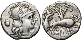 Sex. Pompeius Fostulus, AR denier, 137 av. J.-C., Rome. D/ T. casquée de Roma à d. Sous le menton, . Derrière la t., vase. R/ SEX·PO - FOSTLVS/ ROMA ...