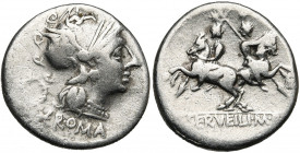 C. Servilius, AR denier, 136 av. J.-C., Rome. D/ T. casquée de Roma à d. A g., couronne et . A l''ex., ROMA. R/ C·SERVEILI·M·F Les Dioscures à cheval...
