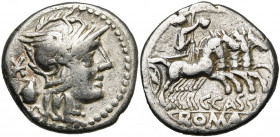 C. Cassius, AR denier, 126 av. J.- C., Rome. D/ T. casquée de Roma à d. Derrière,  et une urne de vote. R/ C·CASSI/ ROMA Libertas conduisant un quadr...