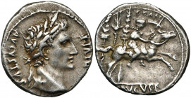 AUGUSTE (-27-14), AR denier, s.d. (8 av. J.-C.), Lyon. D/ AVGVSTVS- DIVI F T. l. à d. R/ C· CAES/ AVGVS F Caius Caesar galopant à d., ten. les rênes, ...