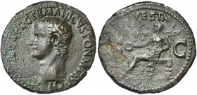 GERMANICUS (†19), père de Caligula, AE as, 37-38, Rome. Frappé sous Caligula. D/ C CAESAR AVG GERMANICVS PONT M TR POT T. nue à g. R/ VESTA/ S-C Vesta...