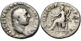 VITELLIUS (69), AR denier, 69, Rome. D/ A VITELLIVS GERM IMP AVG TR P T. l. à d. R/ CONCOR-DIA P R Concordia assise à g., ten. une patère et une corne...