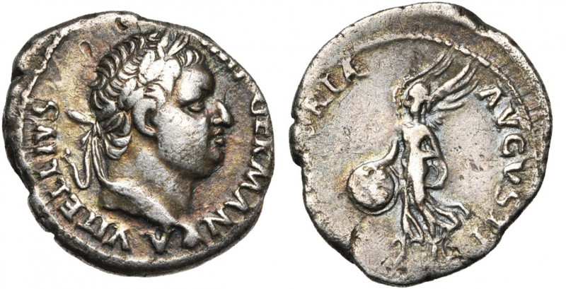 VITELLIUS (69-69), AR denier, 69, Gaule. D/ A VITELLIVS- IMP GERMAN T. l. à d. P...