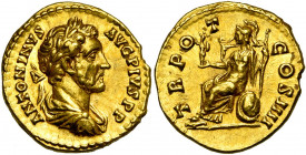 ANTONIN le Pieux (138-161), AV aureus, 145-161, Rome. D/ ANTONINVS AVG PIVS PP B. l., dr. à d. R/ TR POT COS IIII Roma assise à g. sur un trône, ten. ...