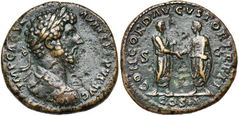 MARC AURELE Auguste (161-180), AE sesterce, 161-162, Rome. D/ IMP CAES L AVREL V...